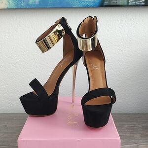 New Black Faux Suede Super High 6.5" Stiletto Open Toe Heels Shoes 8 / 38 Gold